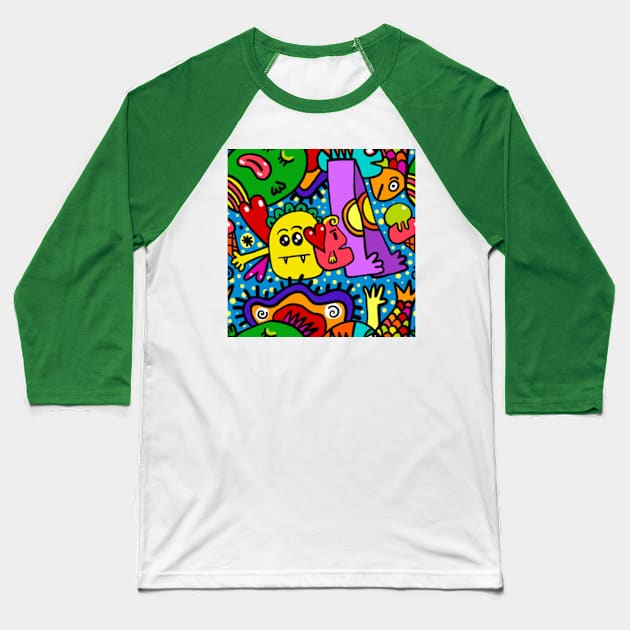 Colorful Doodle Monsters Halloween Baseball T-Shirt by UniqueMe